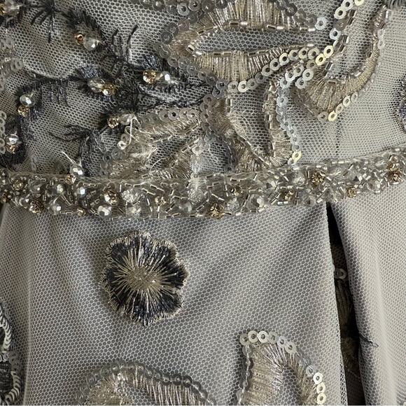 Mac Duggal 11185 Floral Long Sleeve A-Line Gown Platinum Women’s Sz 8 - Picture 10 of 13